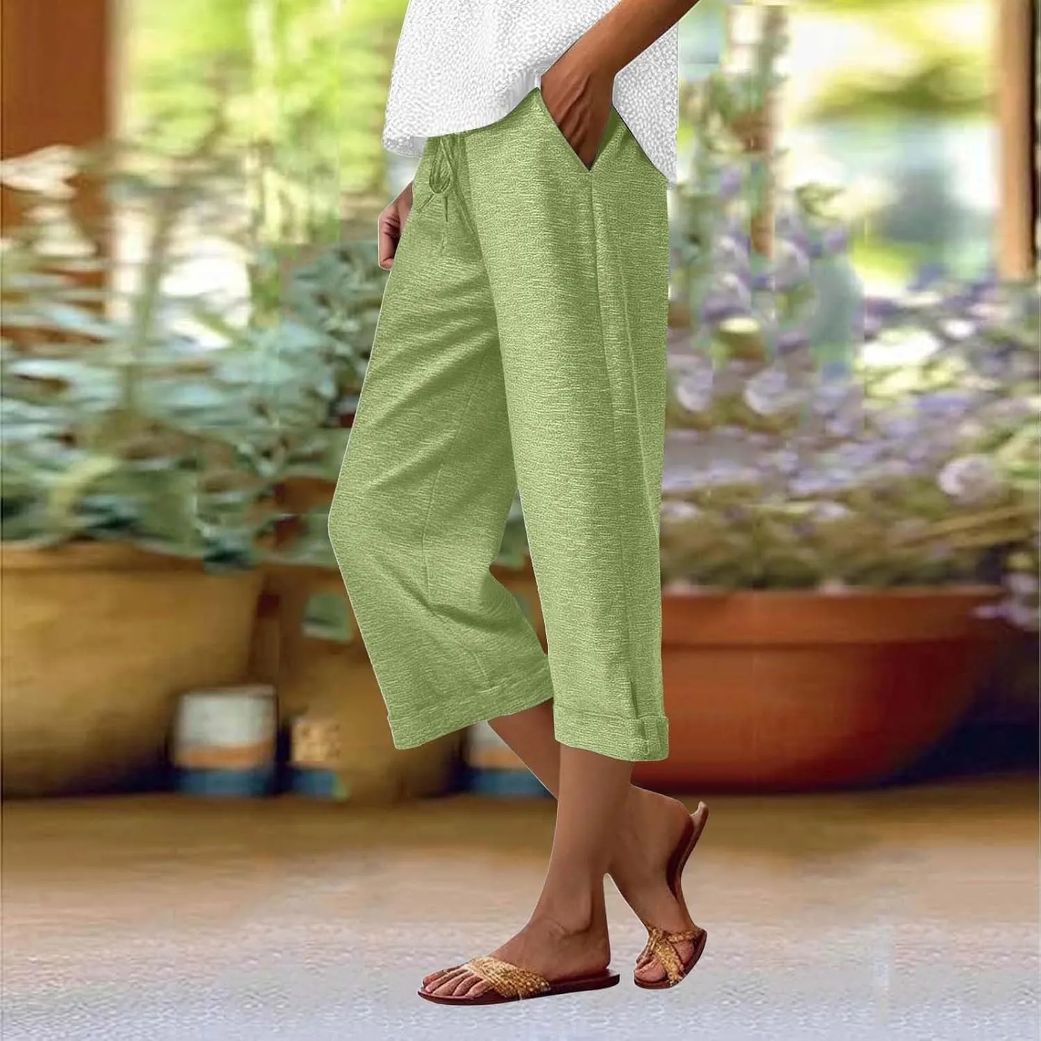 Capri Pants for Women Cotton Casual Summer Workout Beach Capris Drawstring High Waist Wide Leg Cropped Trousers