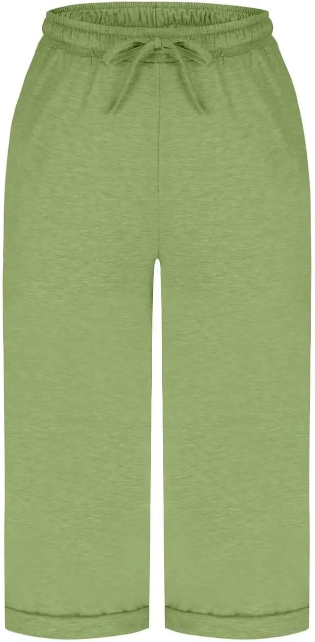 Capri Pants for Women Cotton Casual Summer Workout Beach Capris Drawstring High Waist Wide Leg Cropped Trousers