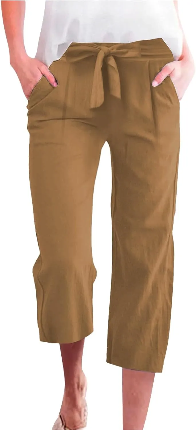 Capris Pants for Women Casual Summer Wide Leg Linen Pants Tie Belt Elastic Waist Beach Cropped Trousers with Pockets