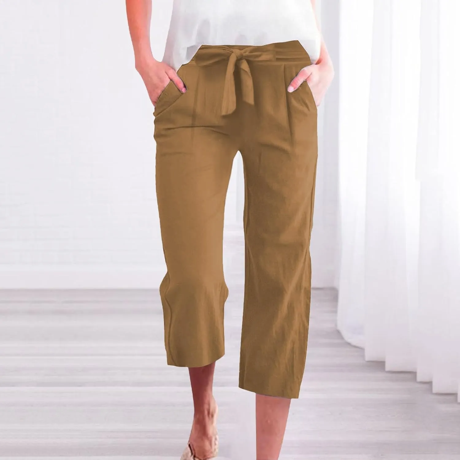 Capris Pants for Women Casual Summer Wide Leg Linen Pants Tie Belt Elastic Waist Beach Cropped Trousers with Pockets
