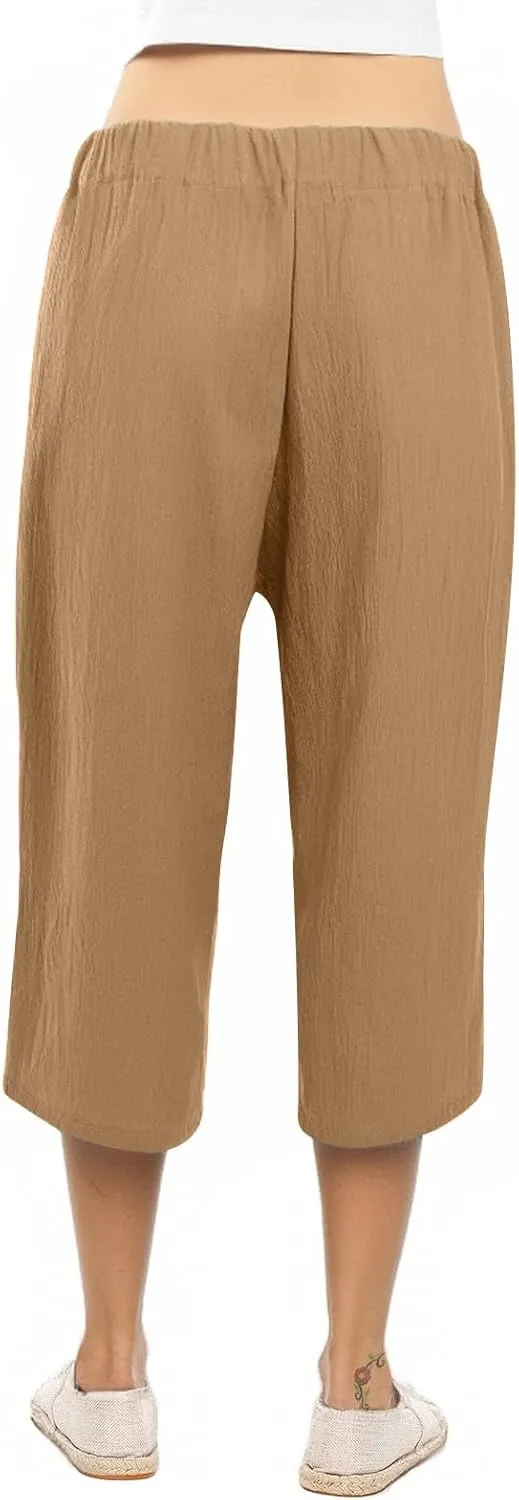 Capris Pants for Women Casual Summer Wide Leg Linen Pants Tie Belt Elastic Waist Beach Cropped Trousers with Pockets