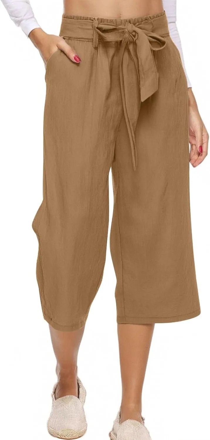 Capris Pants for Women Casual Summer Wide Leg Linen Pants Tie Belt Elastic Waist Beach Cropped Trousers with Pockets