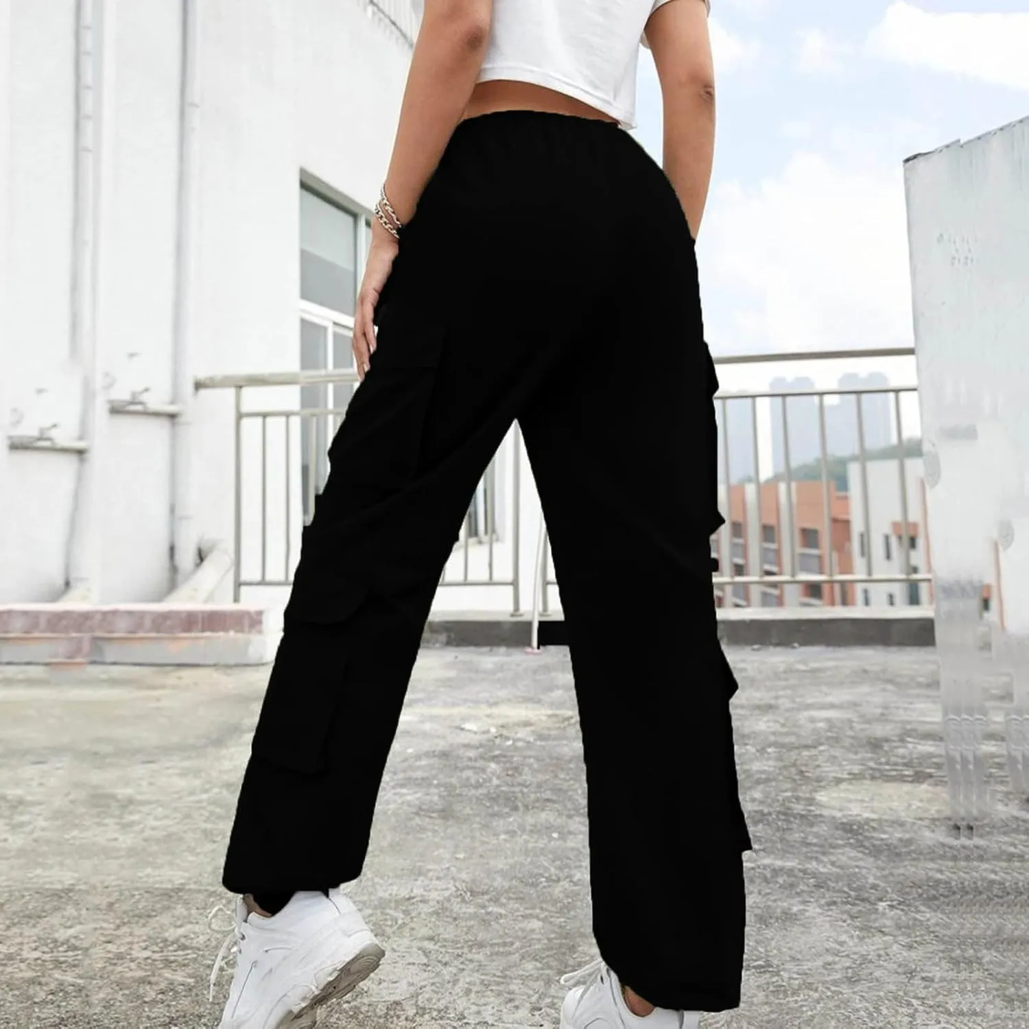 Cargo Pants Women Drawstring High Waist Pants Fashion Casual Solid Trousers Loose Fit Lounge Pant with Pockets