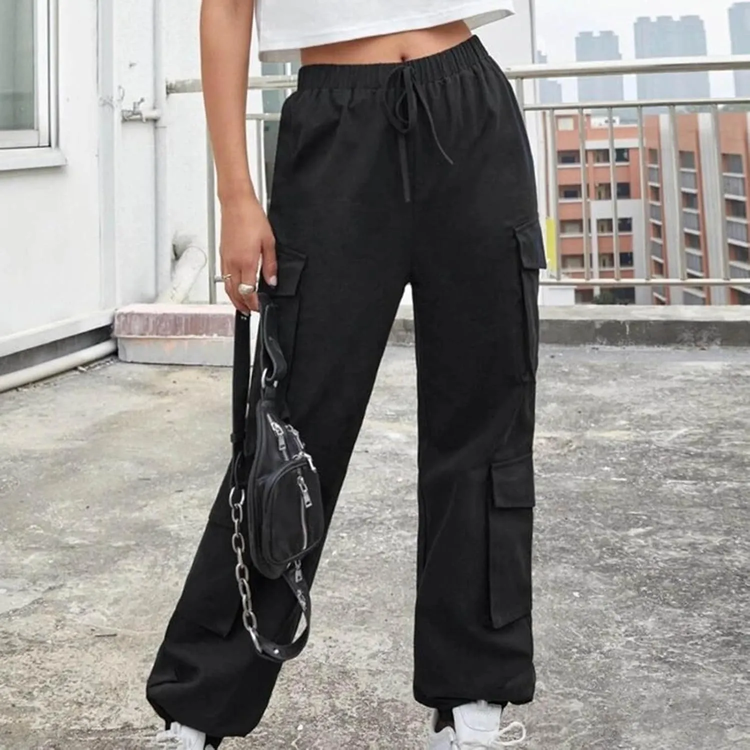 Cargo Pants Women Drawstring High Waist Pants Fashion Casual Solid Trousers Loose Fit Lounge Pant with Pockets