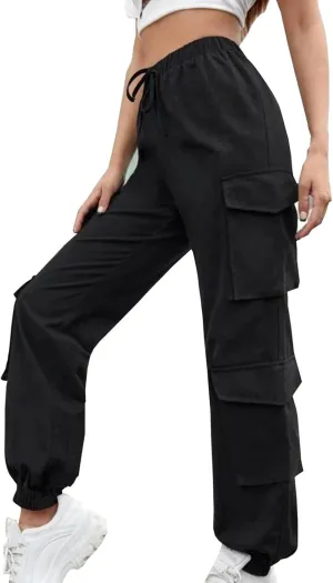 Cargo Pants Women Drawstring High Waist Pants Fashion Casual Solid Trousers Loose Fit Lounge Pant with Pockets