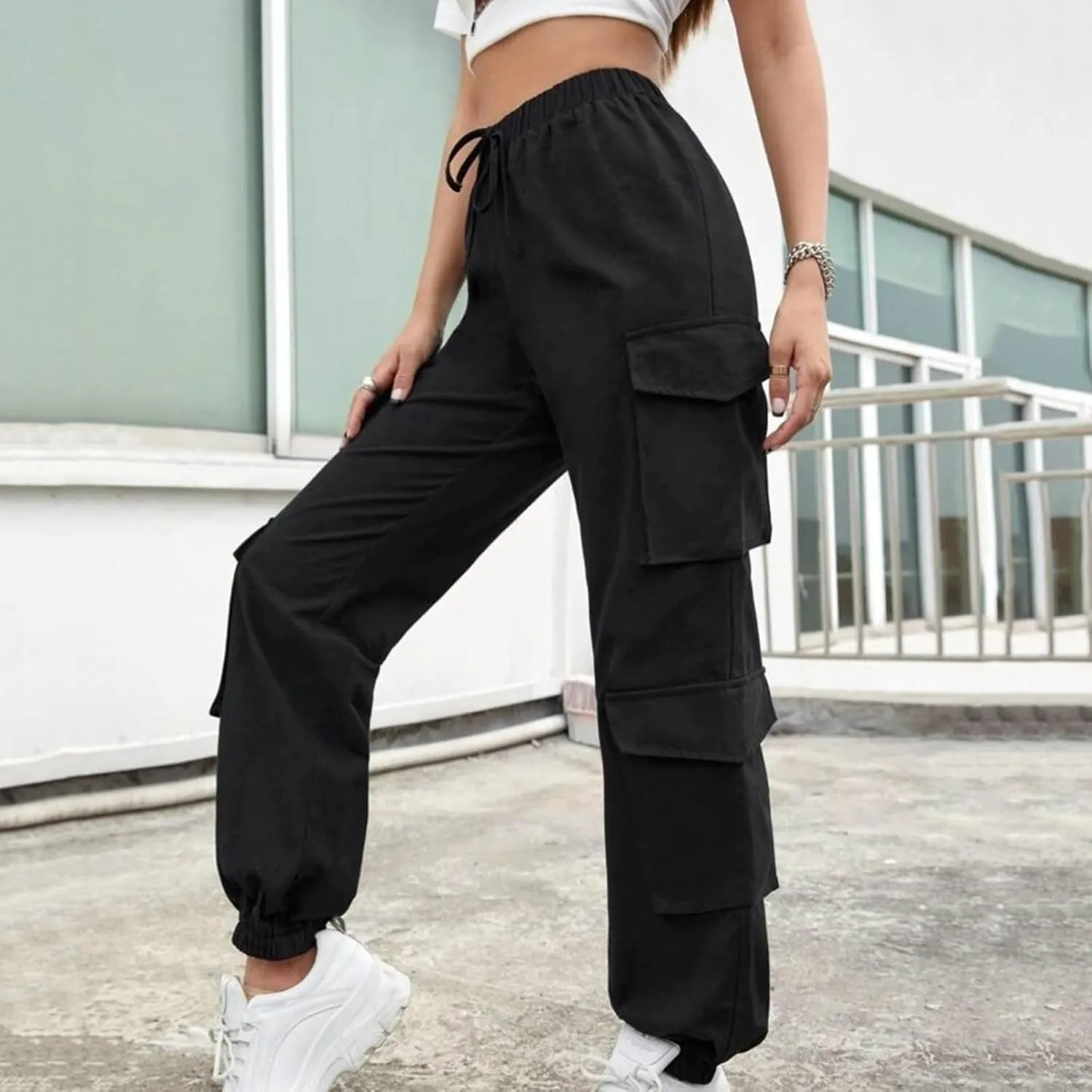 Cargo Pants Women Drawstring High Waist Pants Fashion Casual Solid Trousers Loose Fit Lounge Pant with Pockets