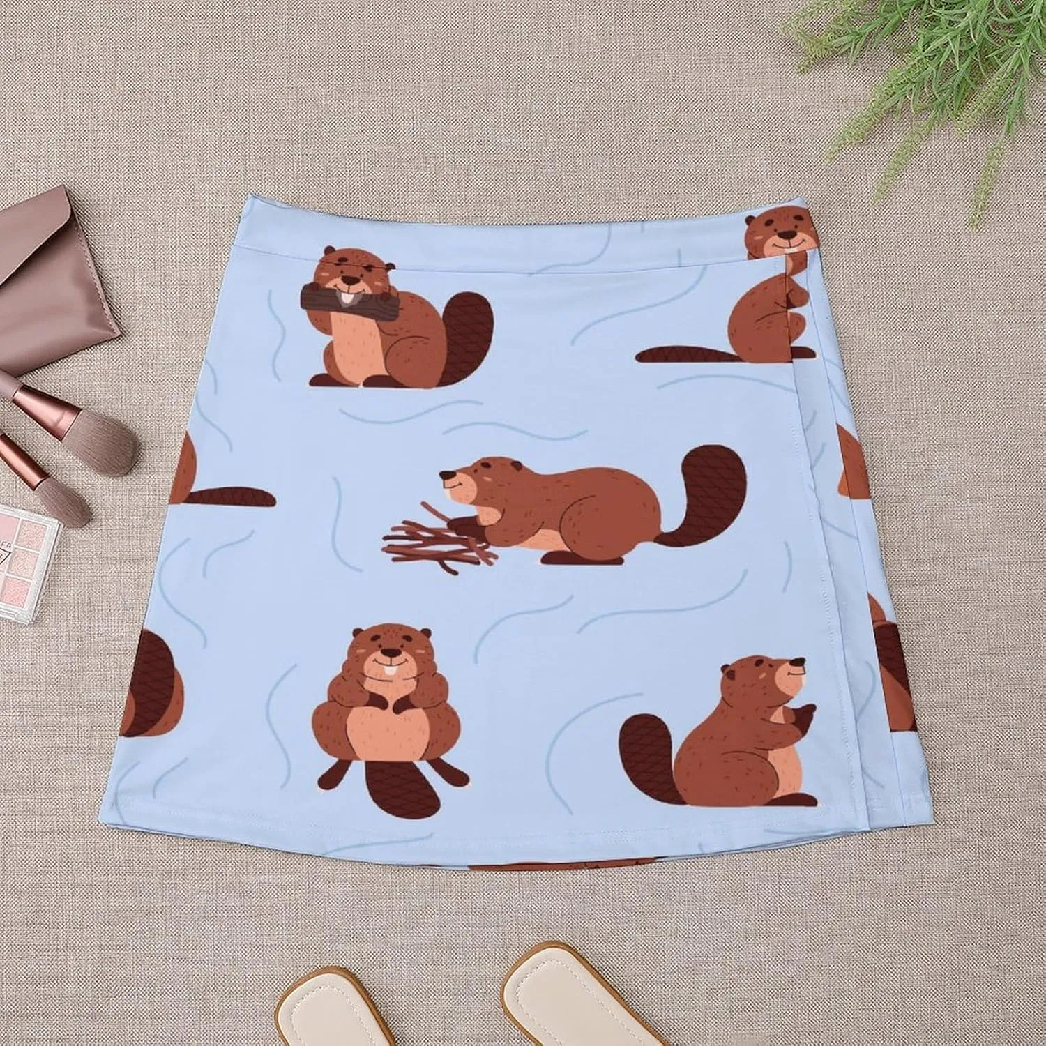 Cartoon Beavers Tree Women's High Waist Stretchy Mini Skirt Elastic Summer Casual Above Knee Basic