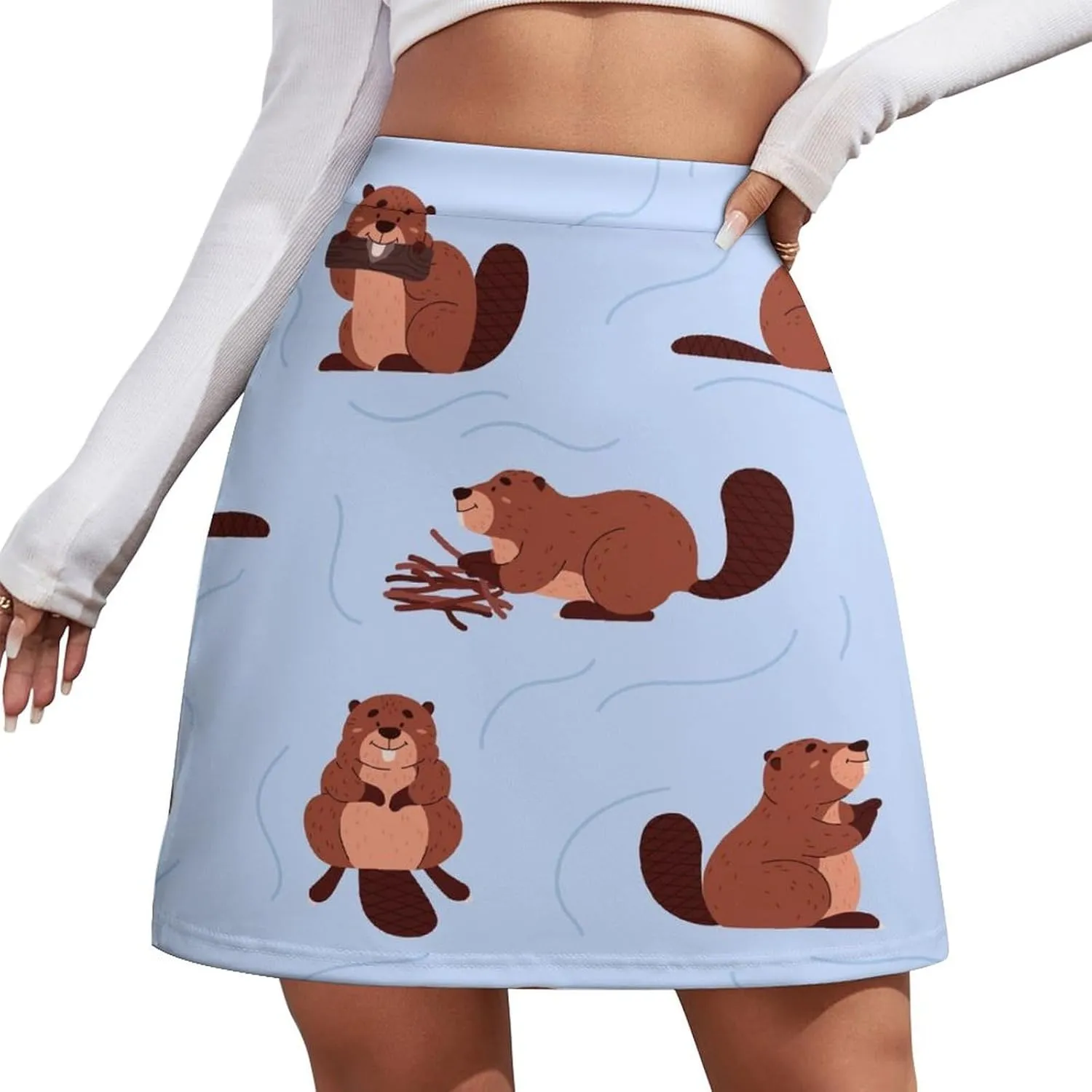 Cartoon Beavers Tree Women's High Waist Stretchy Mini Skirt Elastic Summer Casual Above Knee Basic