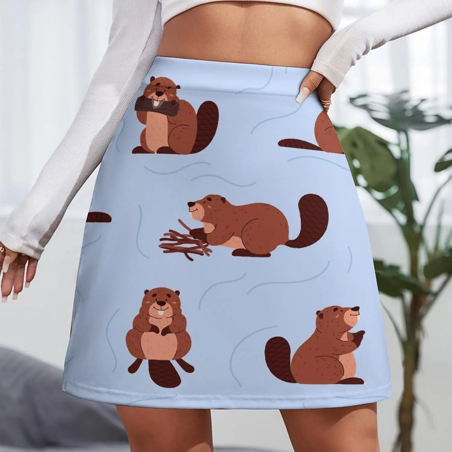 Cartoon Beavers Tree Women's High Waist Stretchy Mini Skirt Elastic Summer Casual Above Knee Basic
