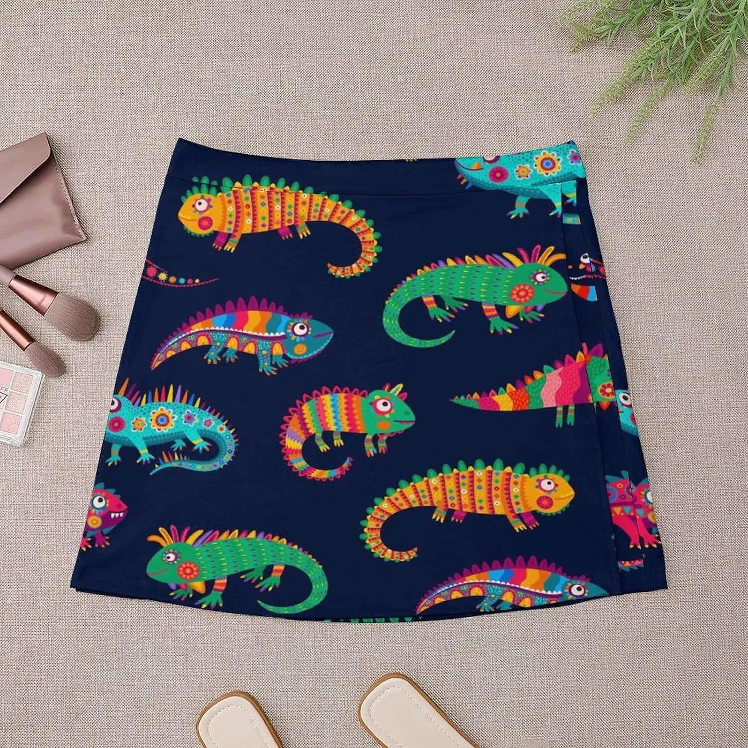 Cartoon Mexican Iguana Lizards Women's High Waist Stretchy Mini Skirt Elastic Summer Casual Above Knee Basic