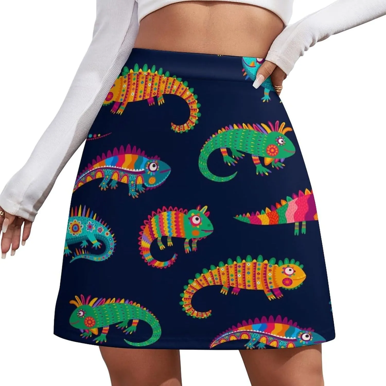 Cartoon Mexican Iguana Lizards Women's High Waist Stretchy Mini Skirt Elastic Summer Casual Above Knee Basic