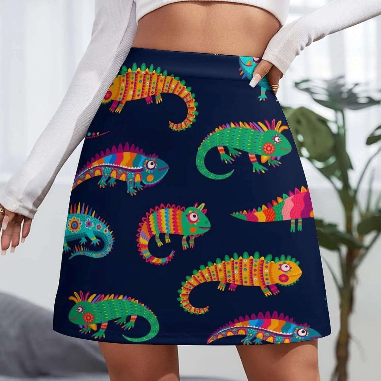 Cartoon Mexican Iguana Lizards Women's High Waist Stretchy Mini Skirt Elastic Summer Casual Above Knee Basic