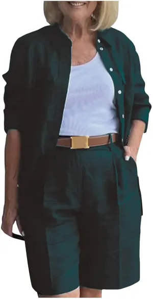 Casual 2 Piece Outfits Linen Blazer Shorts Set for Women Plus Size Solid Color Pants Suits with Pockets