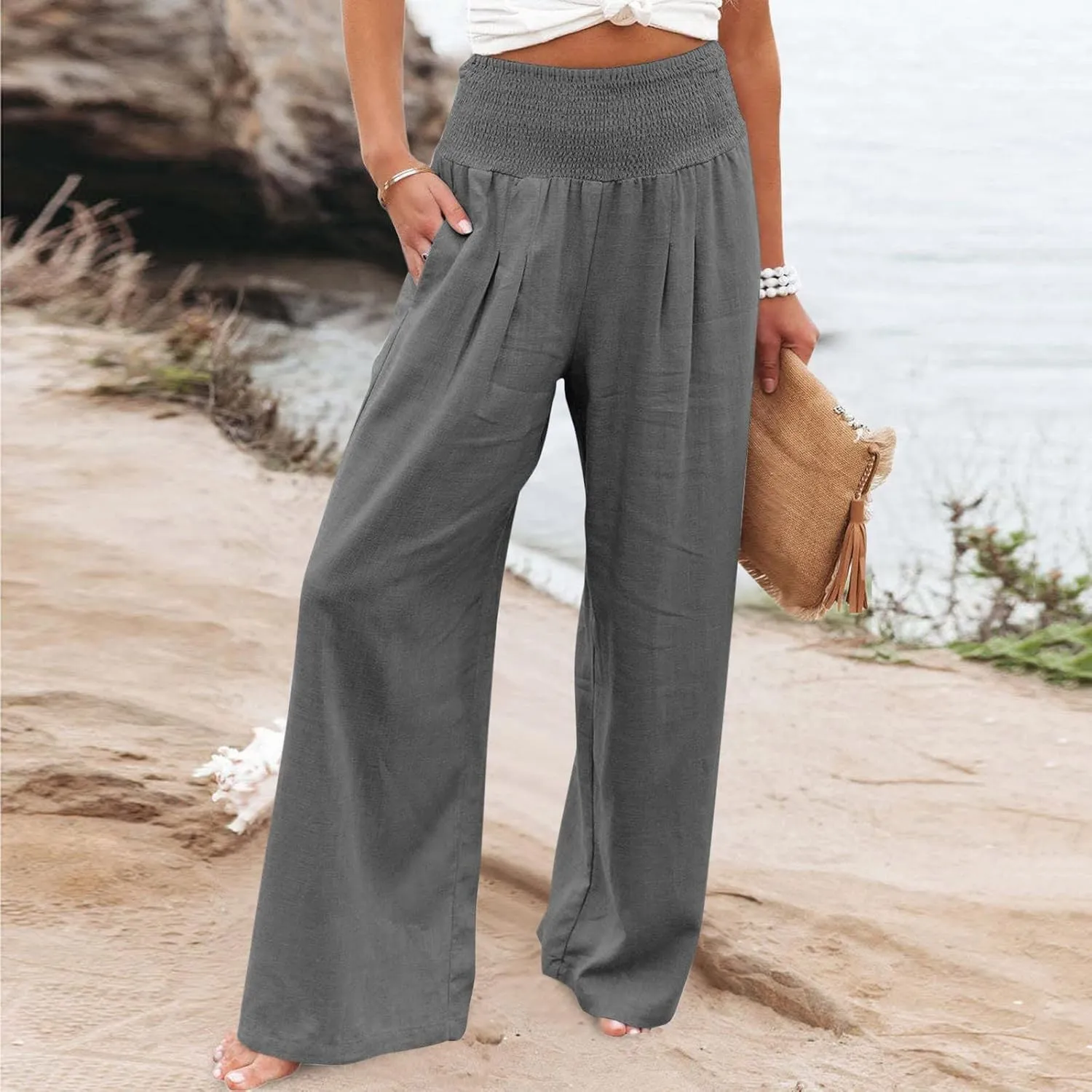 Casual Women Linen Pants Summer Baggy Palazzo Pants Baggy High Waist Loose Slacks Beach Long Trousers 2025 Trendy