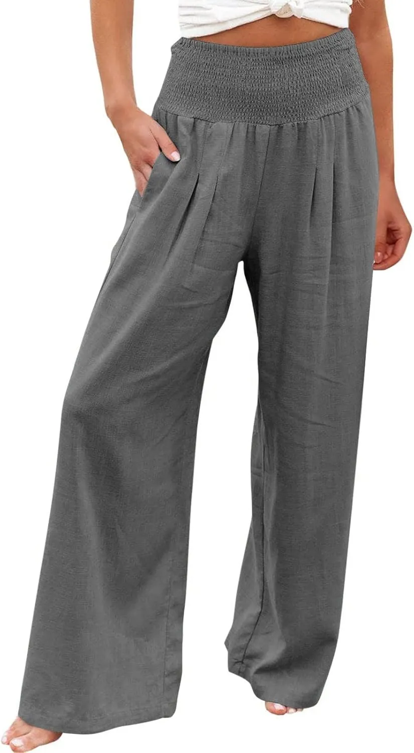 Casual Women Linen Pants Summer Baggy Palazzo Pants Baggy High Waist Loose Slacks Beach Long Trousers 2025 Trendy