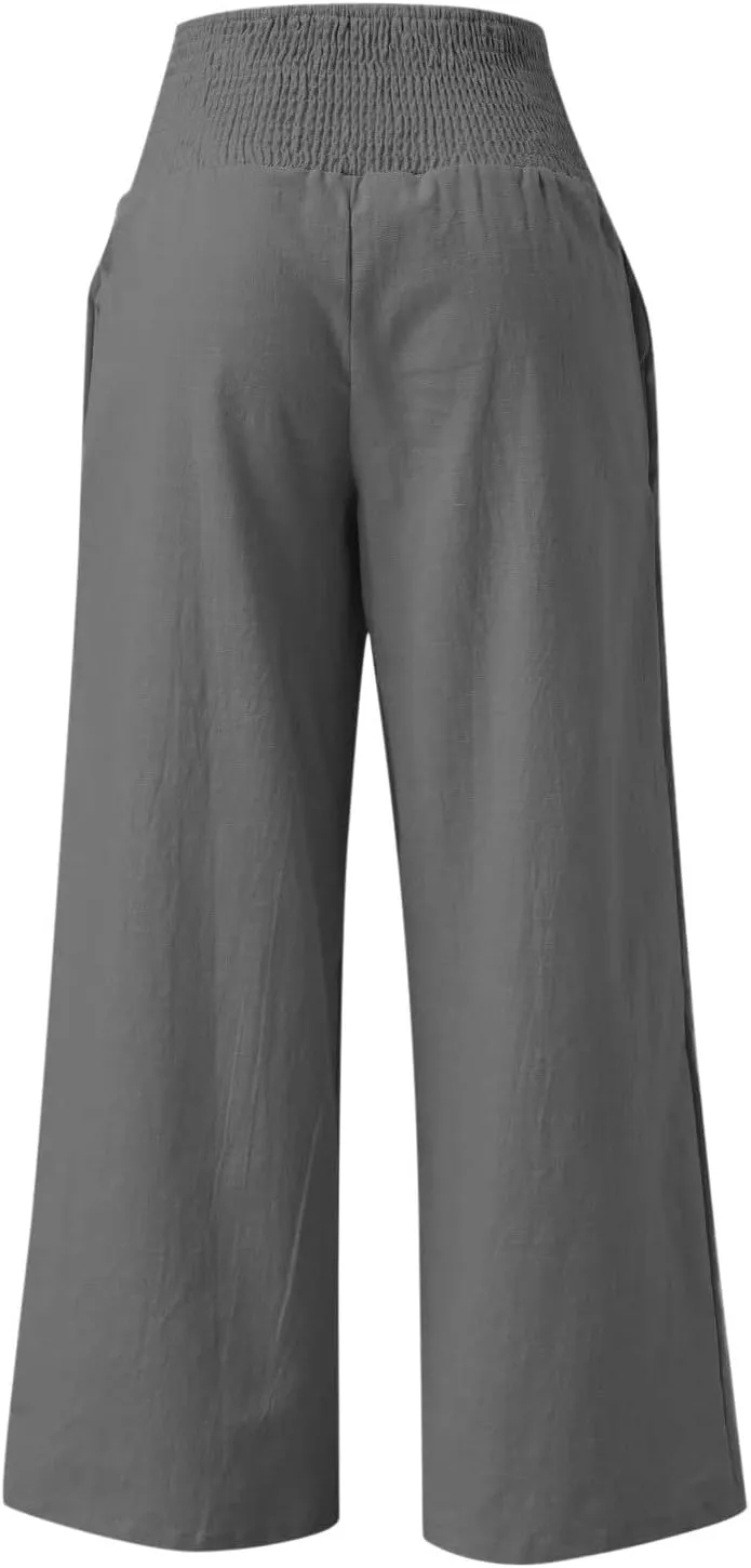 Casual Women Linen Pants Summer Baggy Palazzo Pants Baggy High Waist Loose Slacks Beach Long Trousers 2025 Trendy