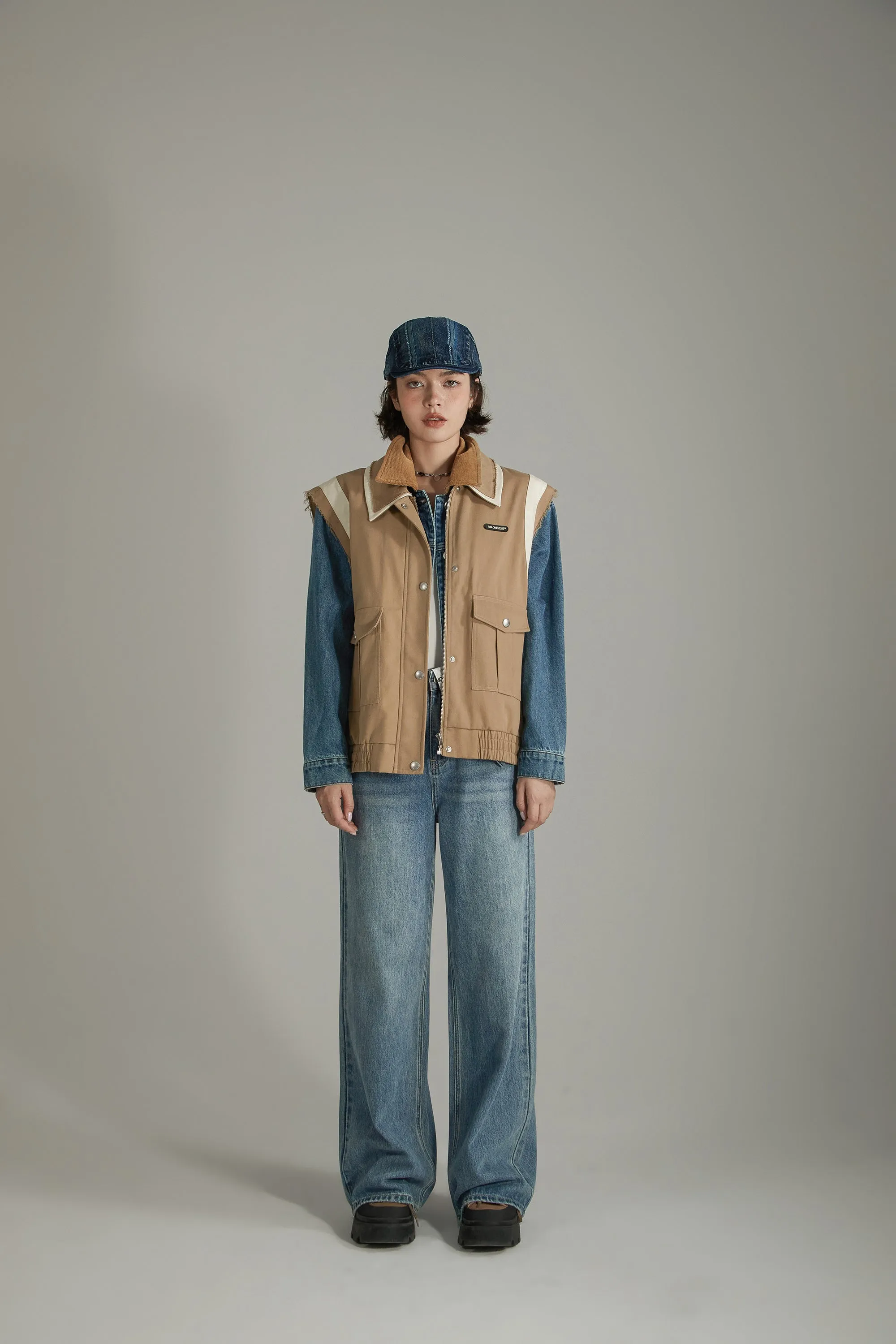 Color Pocket Raw Edge Zipper Vest