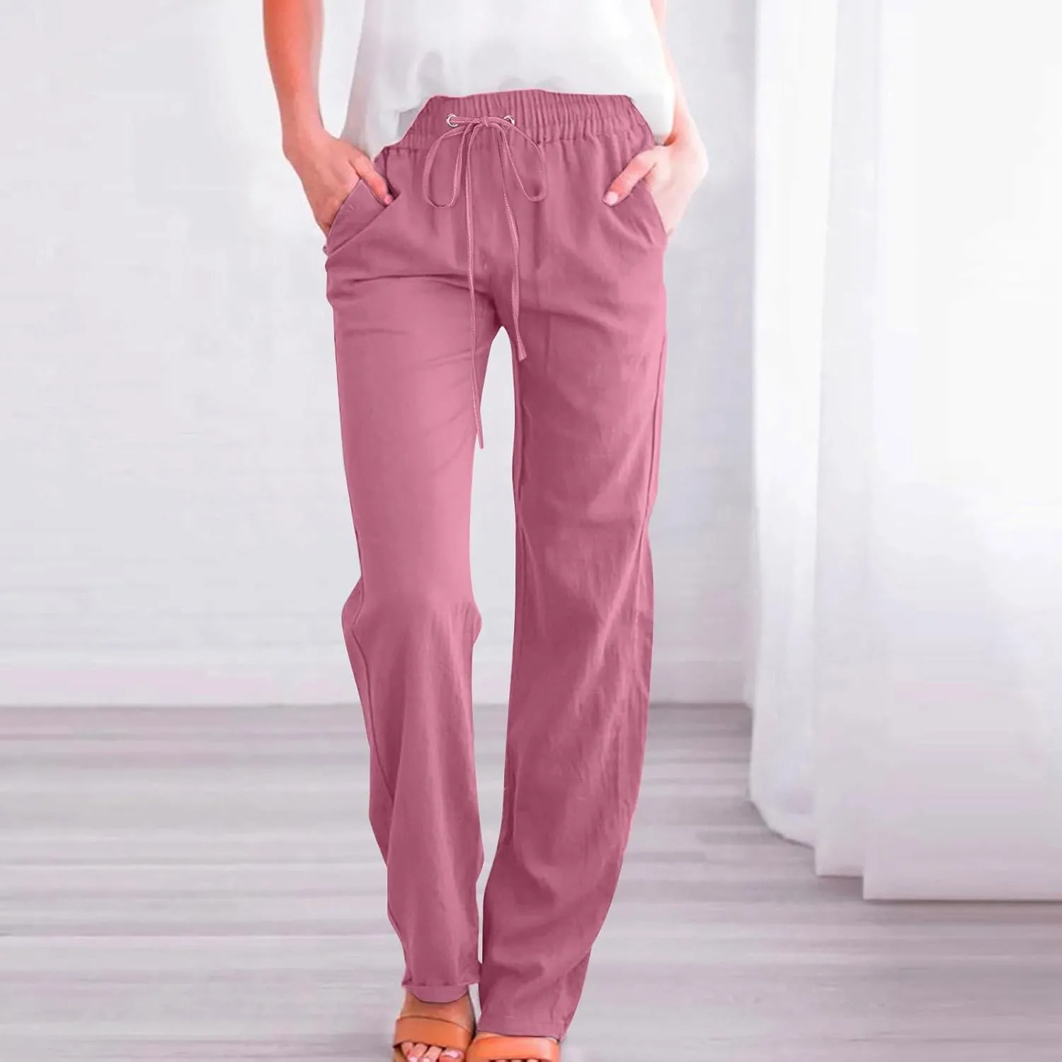 Comfy Women's Linen Pants Palazzo Cotton Linen Pants Wide Leg Loose High Waisted Trousers Summer Linen Slacks