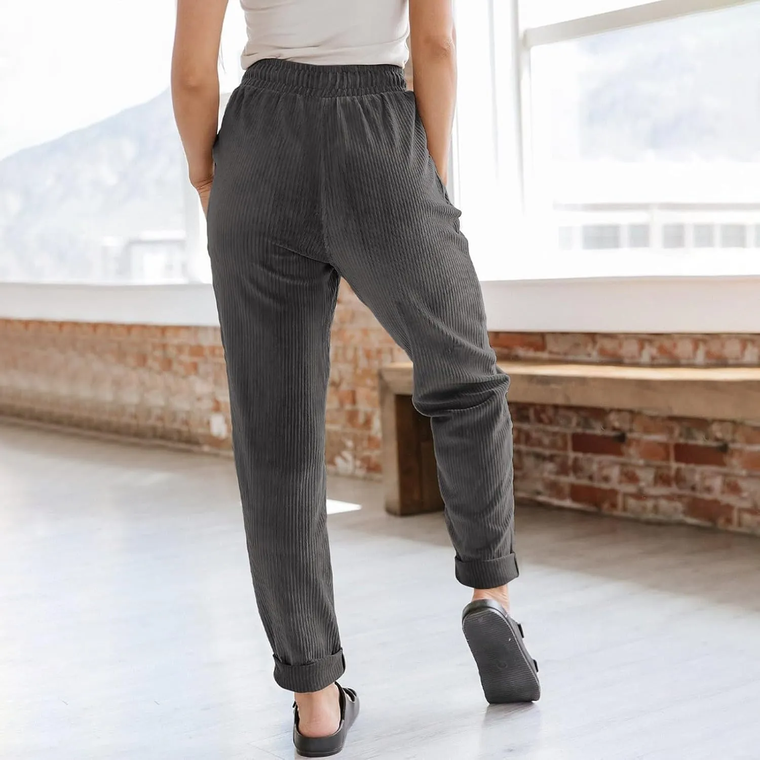 Corduroy Pants Women High Waisted Drawstring Casual Straight Leg Pants Loose Comfy Lounge Pants Trousers with Pockets