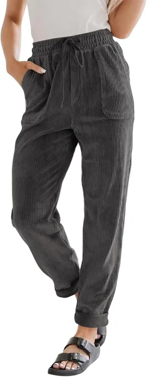 Corduroy Pants Women High Waisted Drawstring Casual Straight Leg Pants Loose Comfy Lounge Pants Trousers with Pockets