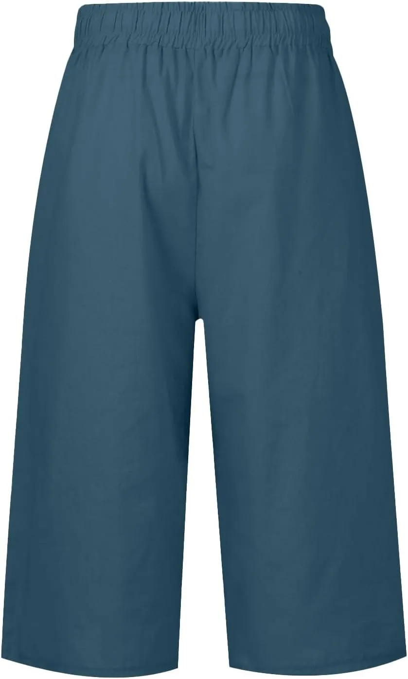 Cotton Linen Capri Pants for Women Casual Elastic Waist Drawstring Wide Leg 3/4 Short Lightweight Summer Beach Capris