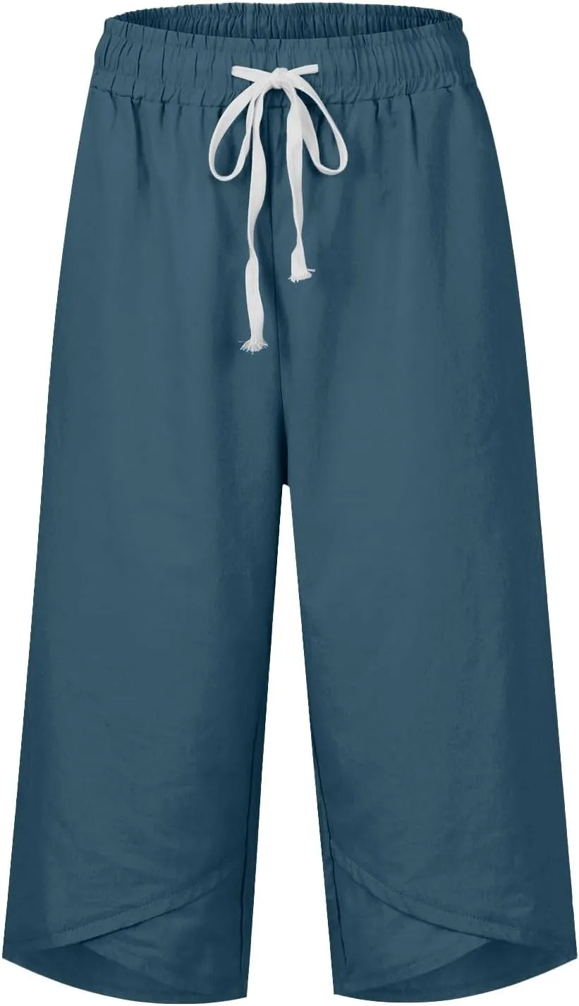 Cotton Linen Capri Pants for Women Casual Elastic Waist Drawstring Wide Leg 3/4 Short Lightweight Summer Beach Capris