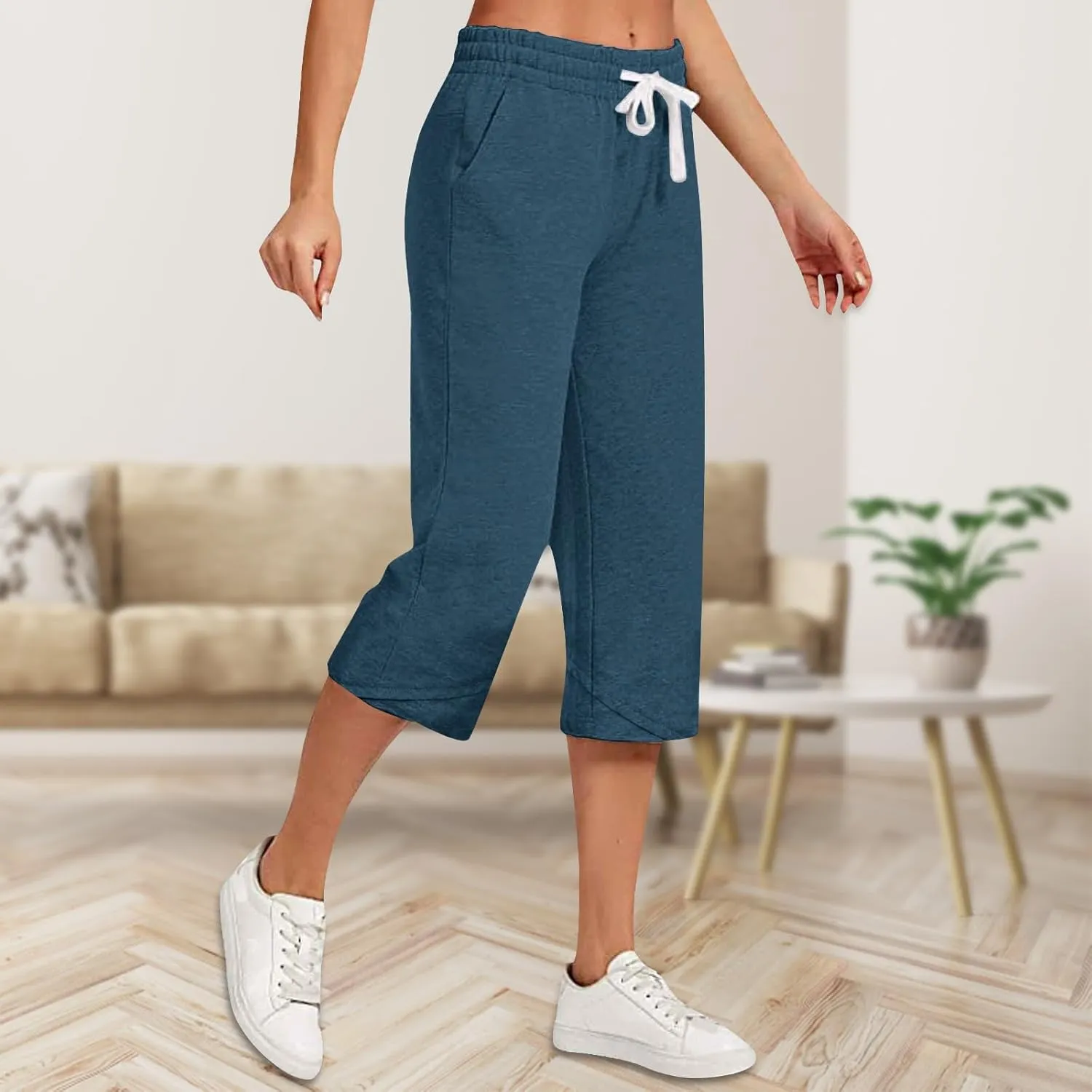Cotton Linen Capri Pants for Women Casual Elastic Waist Drawstring Wide Leg 3/4 Short Lightweight Summer Beach Capris