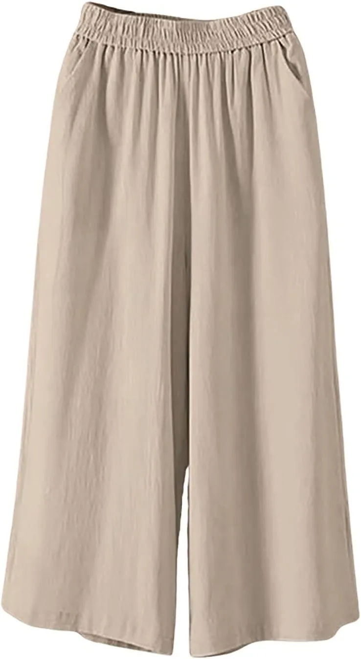 Cotton Linen Capri Pants for Women Casual Summer Capris Elastic High Waist Pants Wide Leg Cropped Trousers