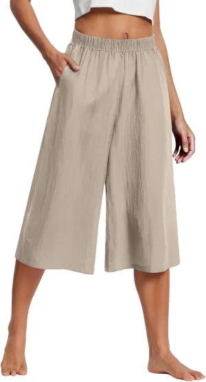Cotton Linen Capri Pants for Women Casual Summer Capris Elastic High Waist Pants Wide Leg Cropped Trousers