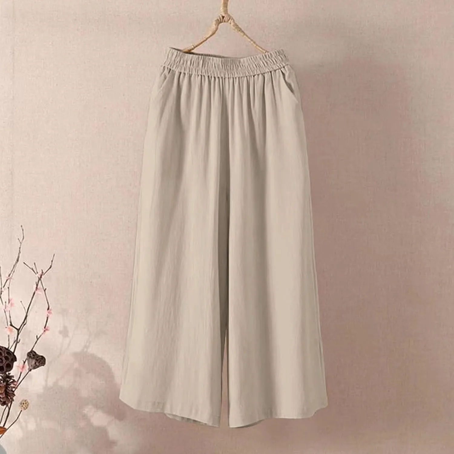Cotton Linen Capri Pants for Women Casual Summer Capris Elastic High Waist Pants Wide Leg Cropped Trousers