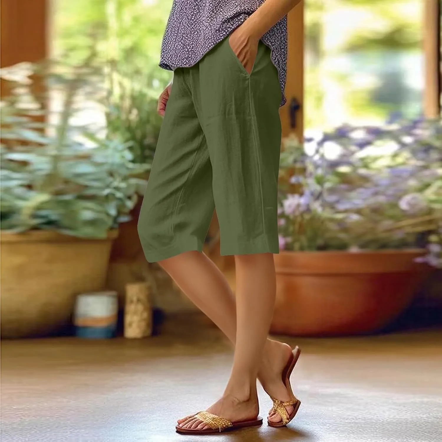 Cotton Linen Capri Pants for Women Trendy Summer High Waisted Lounge Pants Loose Straight Leg Trousers with Pockets