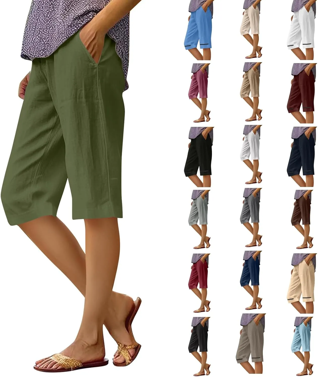 Cotton Linen Capri Pants for Women Trendy Summer High Waisted Lounge Pants Loose Straight Leg Trousers with Pockets