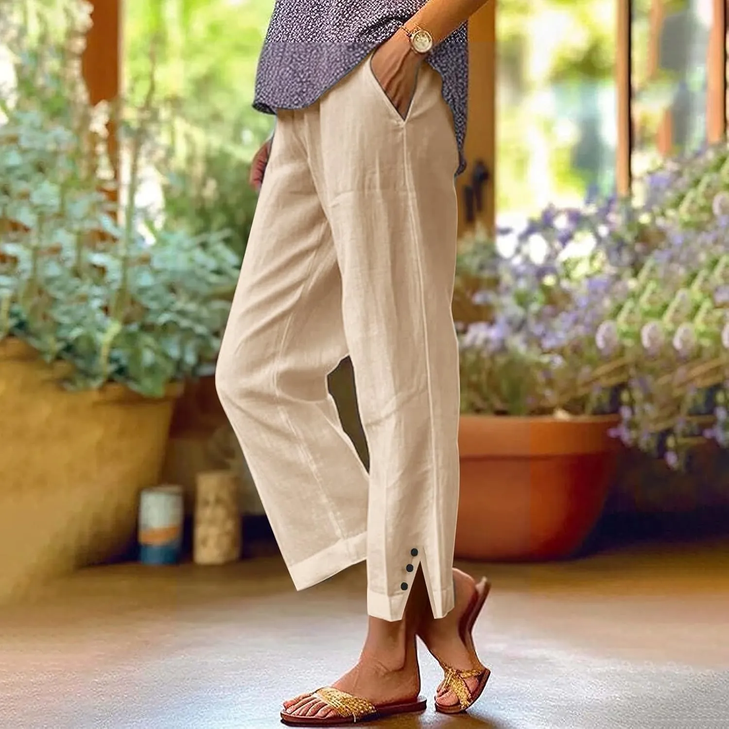Cotton Linen Capris Pants for Womens 2025 Knee Length Summer Straight Leg Loose Beach Shorts Trouser with Pocket