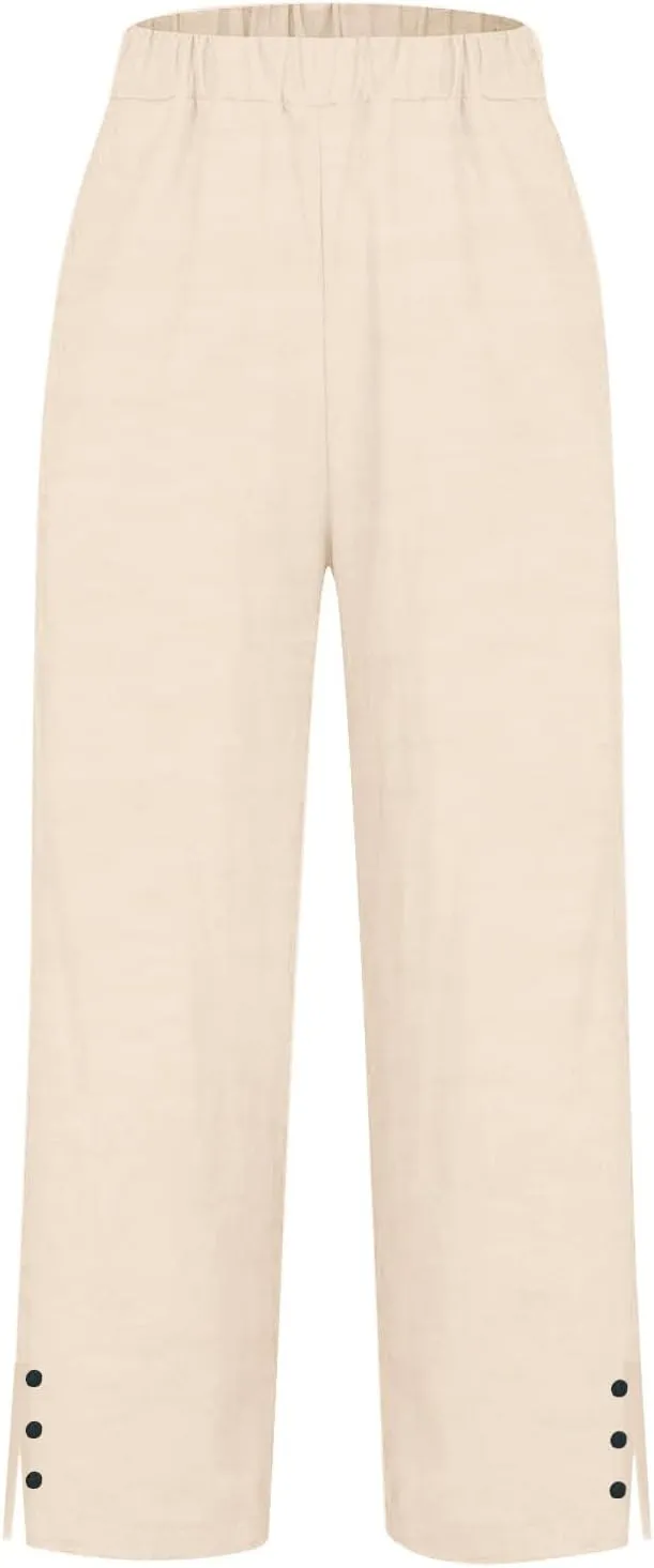 Cotton Linen Capris Pants for Womens 2025 Knee Length Summer Straight Leg Loose Beach Shorts Trouser with Pocket