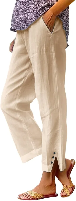 Cotton Linen Capris Pants for Womens 2025 Knee Length Summer Straight Leg Loose Beach Shorts Trouser with Pocket