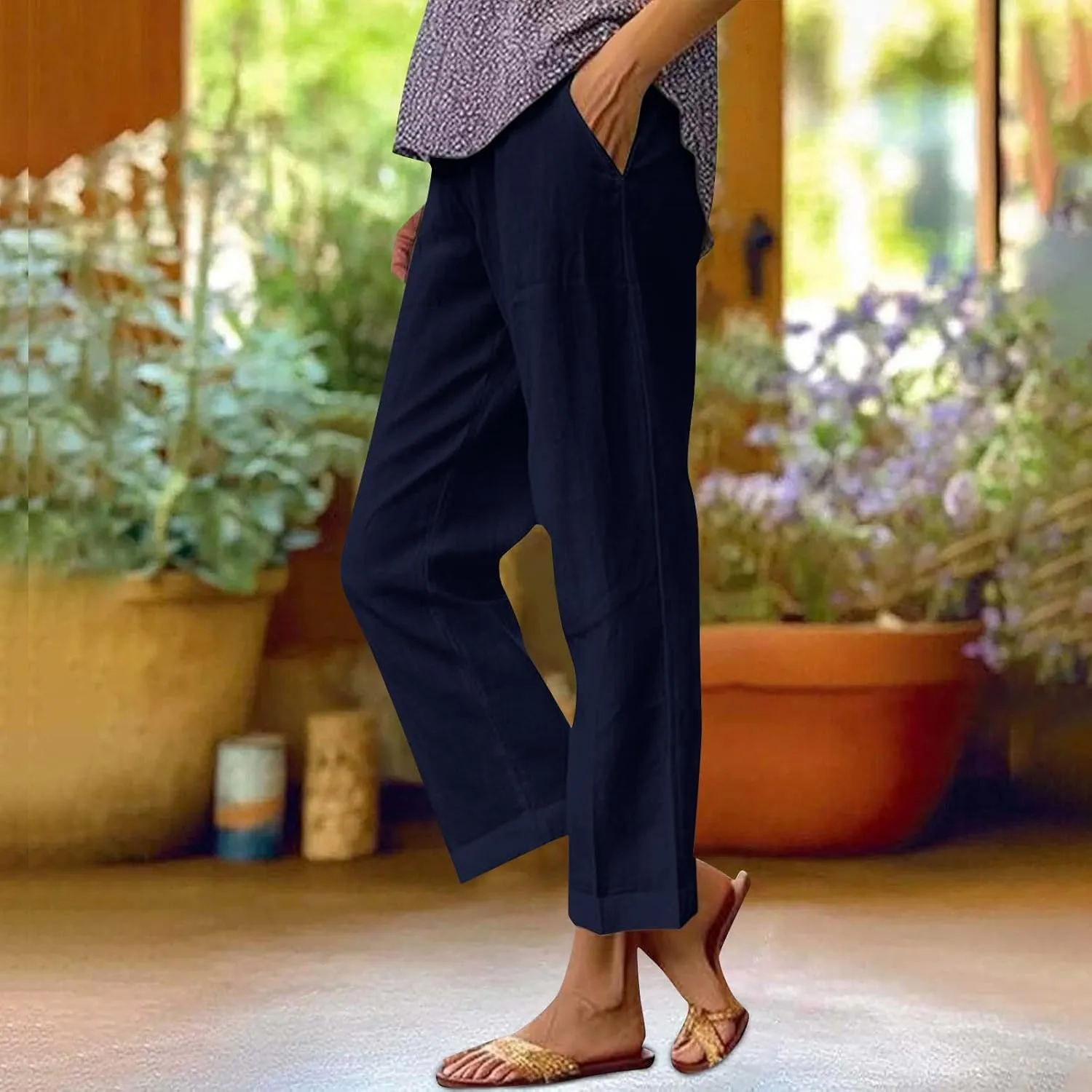 Cotton Linen Floral Cropped Pants for Women Summer Elastic Waist Straight Wide Leg Boho Beach Trouser with Pockets