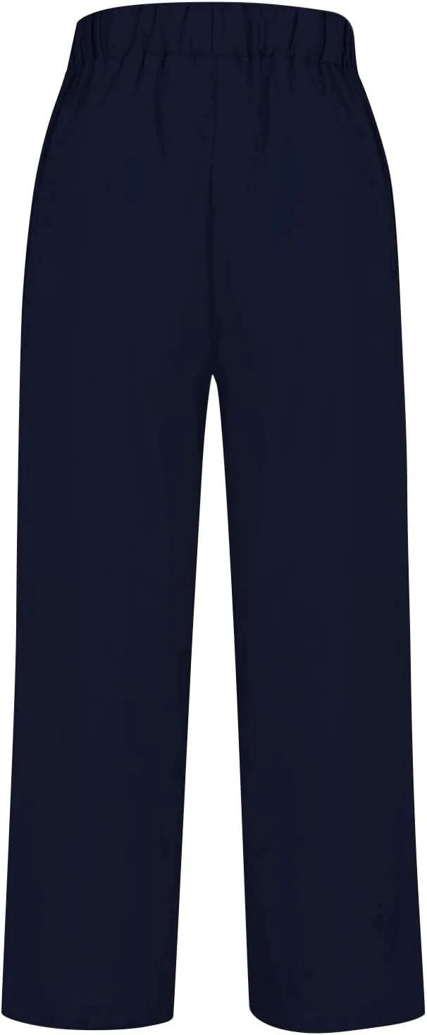 Cotton Linen Floral Cropped Pants for Women Summer Elastic Waist Straight Wide Leg Boho Beach Trouser with Pockets