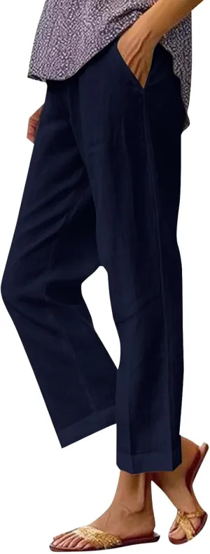 Cotton Linen Floral Cropped Pants for Women Summer Elastic Waist Straight Wide Leg Boho Beach Trouser with Pockets