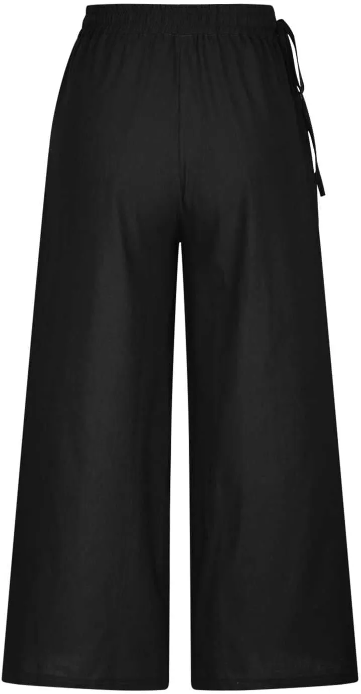 Cotton Linen Long Pants for Women Baggy High Waist Trousers Solid Gaucho Pant Boho Travel Beach Vacation Outfit 2025