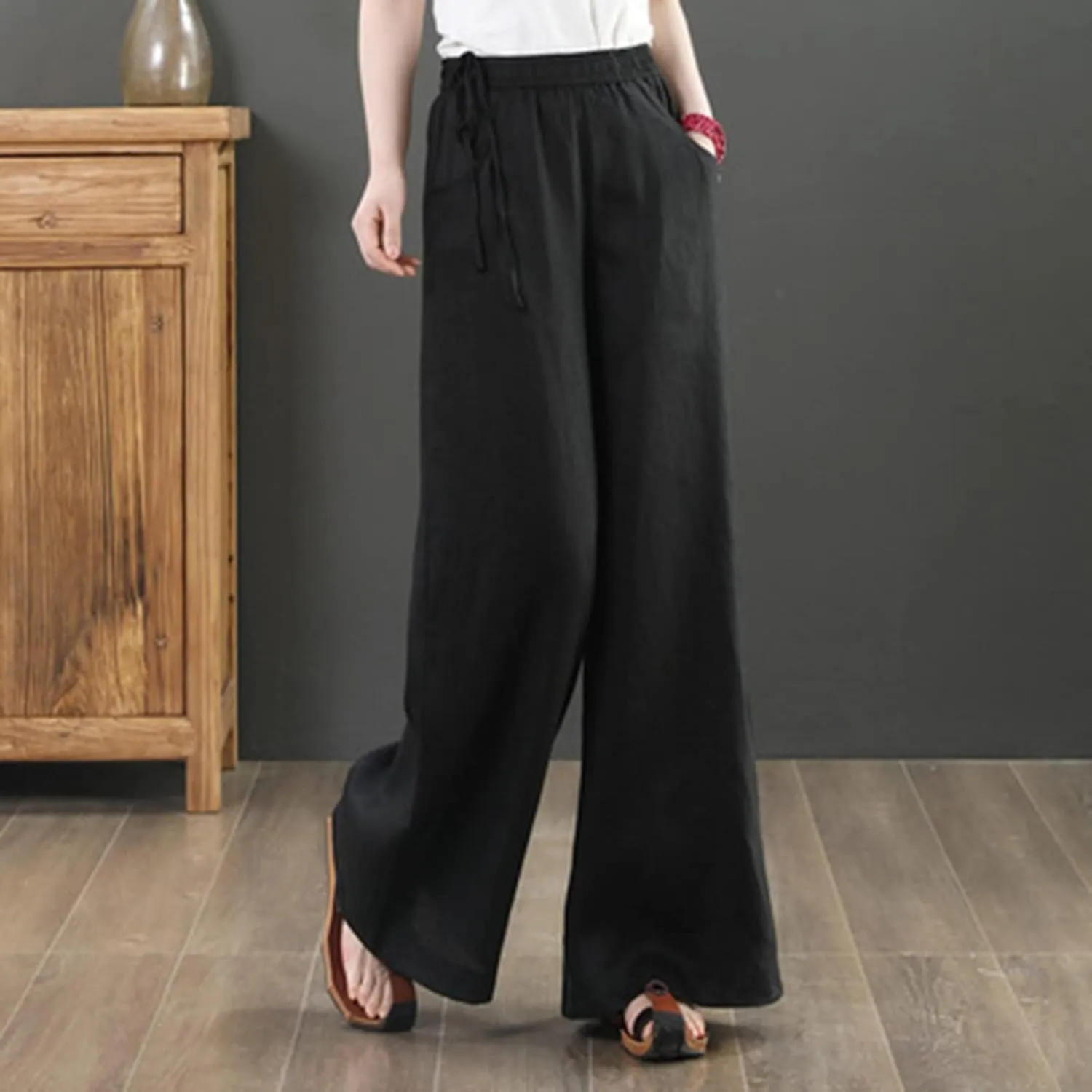 Cotton Linen Long Pants for Women Baggy High Waist Trousers Solid Gaucho Pant Boho Travel Beach Vacation Outfit 2025