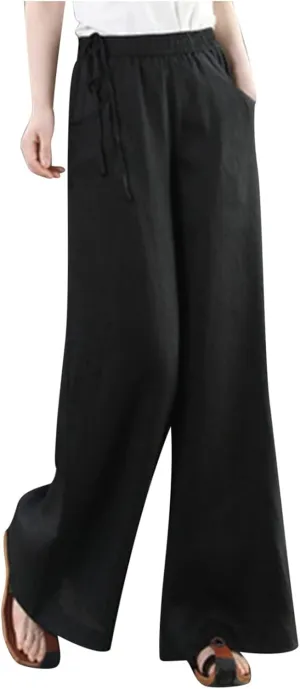 Cotton Linen Long Pants for Women Baggy High Waist Trousers Solid Gaucho Pant Boho Travel Beach Vacation Outfit 2025