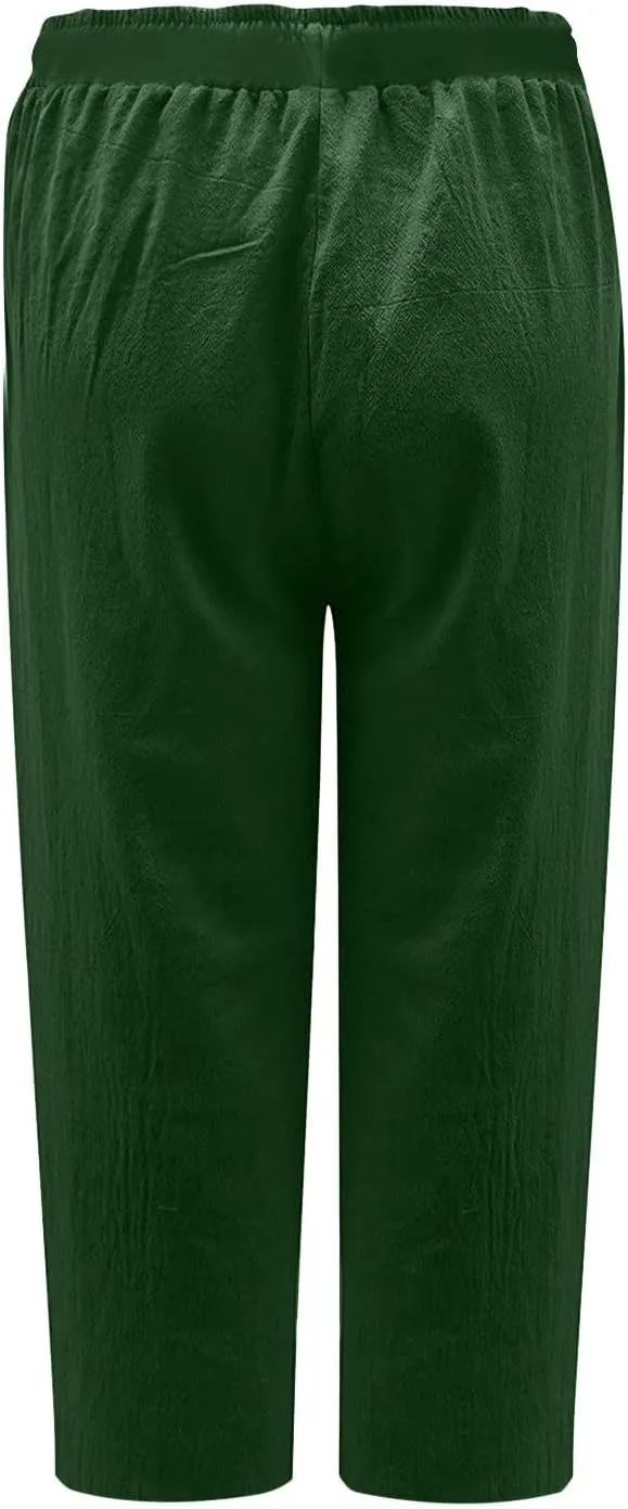 Cotton Linen Pants for Women High Waisted Wide Leg Capris Summer Casual Elastic Drawstring Cropped Trouseres 2025