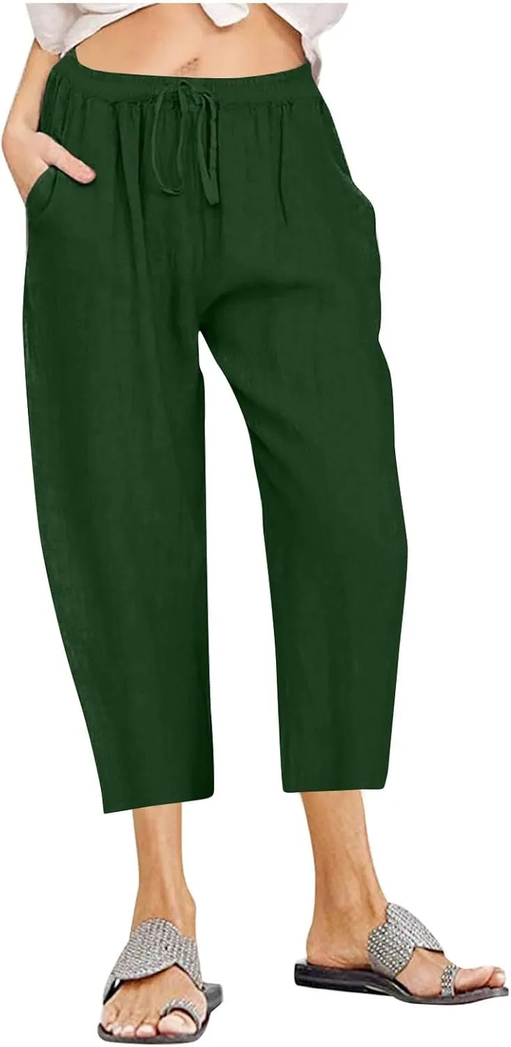 Cotton Linen Pants for Women High Waisted Wide Leg Capris Summer Casual Elastic Drawstring Cropped Trouseres 2025