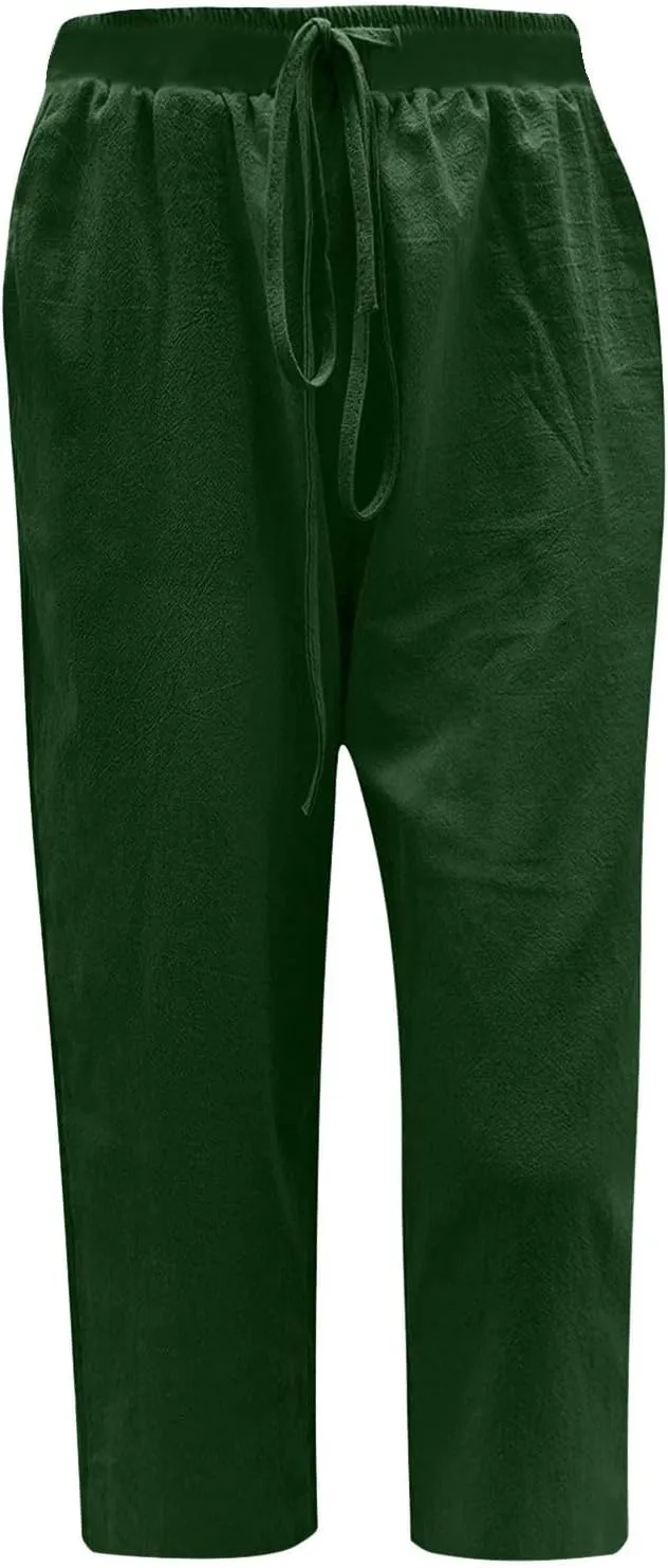 Cotton Linen Pants for Women High Waisted Wide Leg Capris Summer Casual Elastic Drawstring Cropped Trouseres 2025