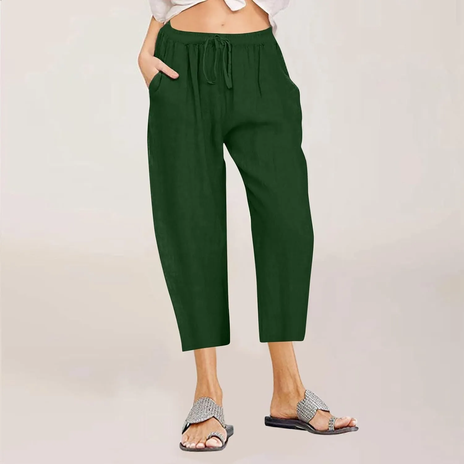 Cotton Linen Pants for Women High Waisted Wide Leg Capris Summer Casual Elastic Drawstring Cropped Trouseres 2025