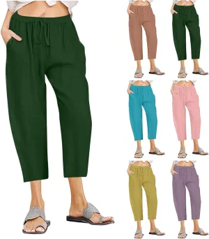 Cotton Linen Pants for Women High Waisted Wide Leg Capris Summer Casual Elastic Drawstring Cropped Trouseres 2025