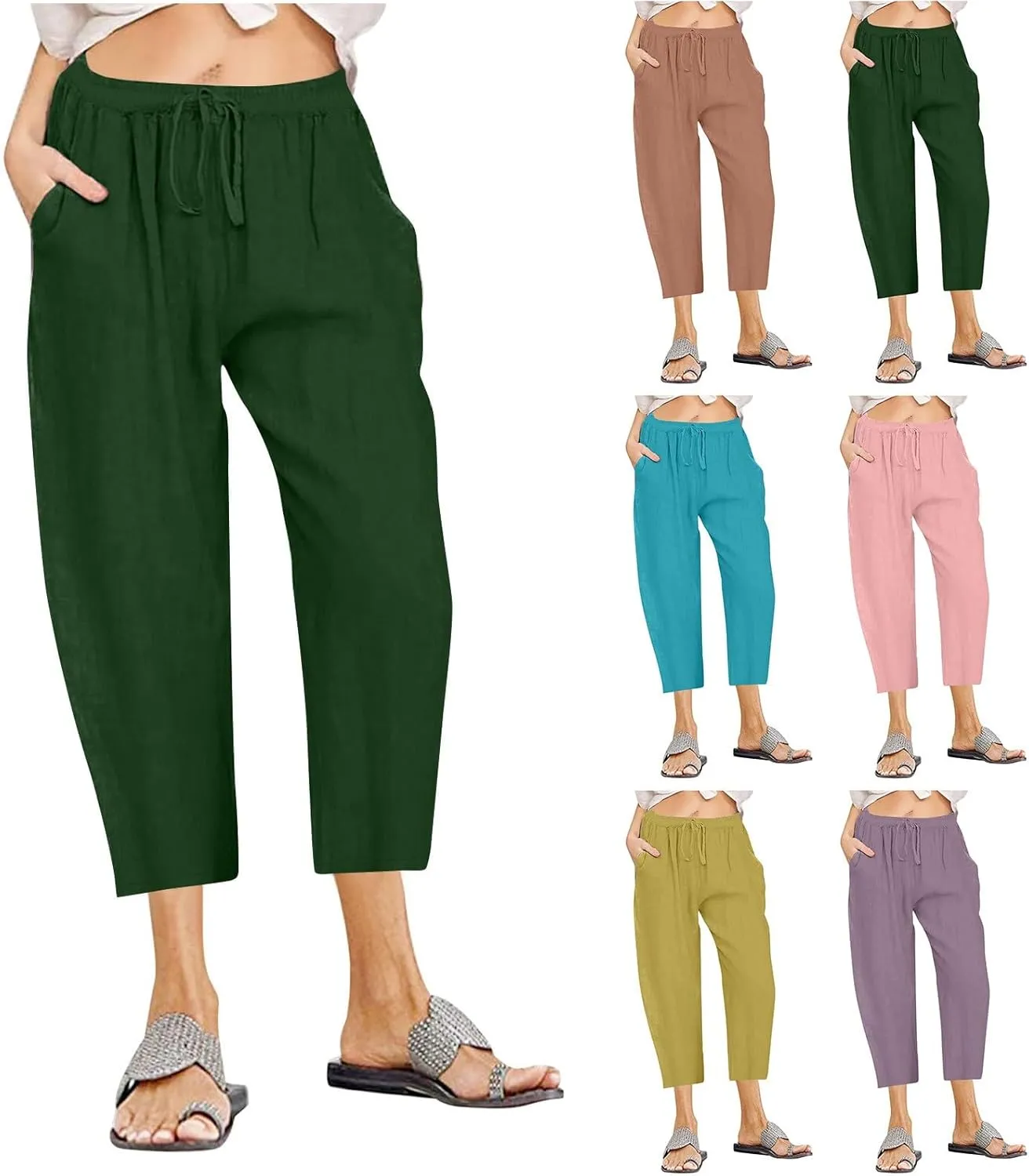 Cotton Linen Pants for Women High Waisted Wide Leg Capris Summer Casual Elastic Drawstring Cropped Trouseres 2025