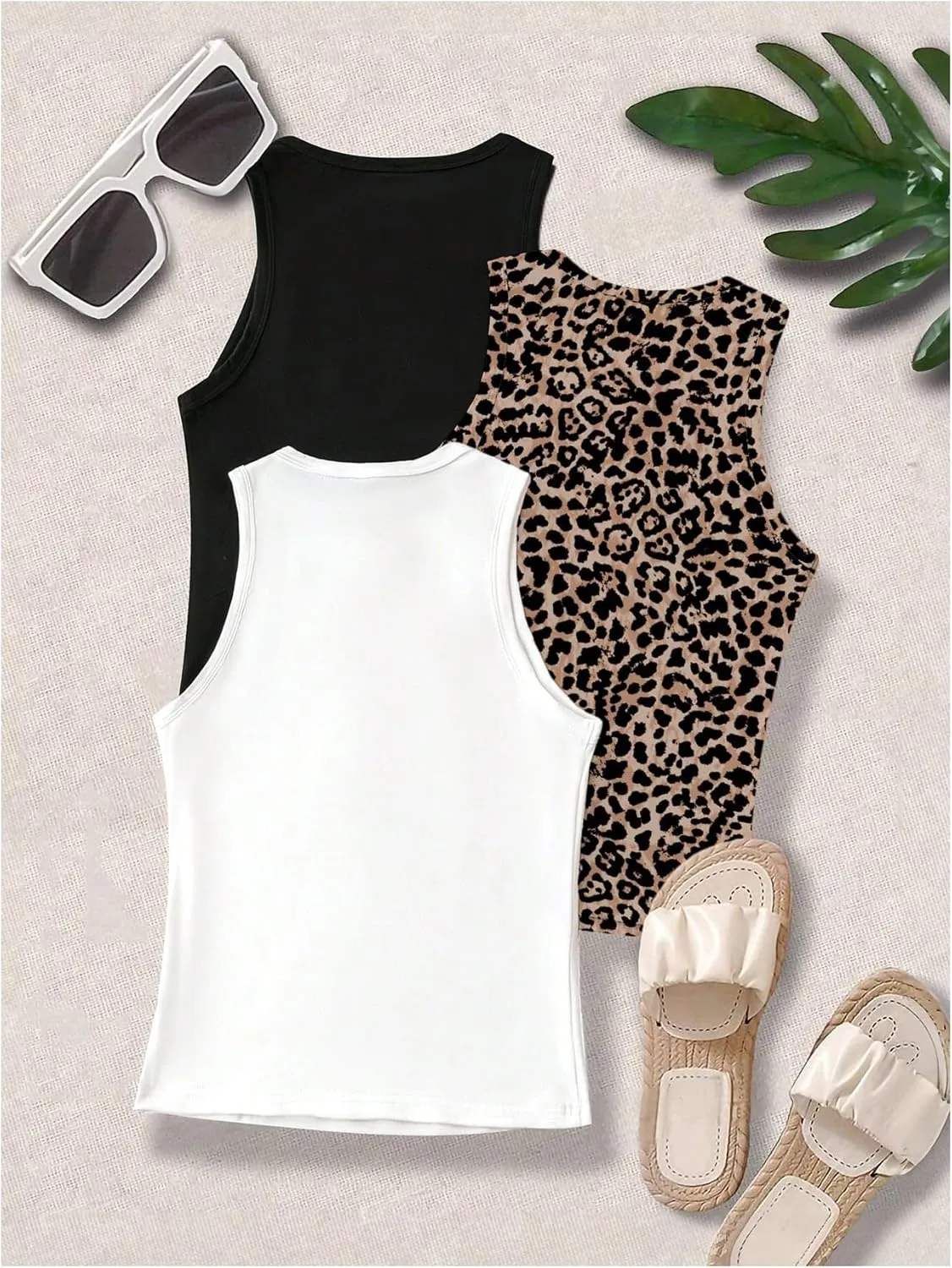 COZYEASE Women's 3 Packs Plus Size Leopard Tank Top Sleeveless Slim Fit Casual Basic Tops Undershirts