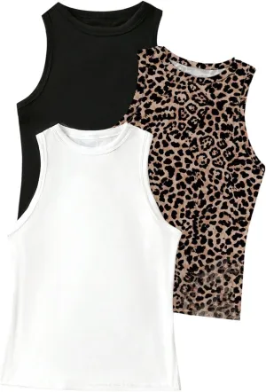 COZYEASE Women's 3 Packs Plus Size Leopard Tank Top Sleeveless Slim Fit Casual Basic Tops Undershirts