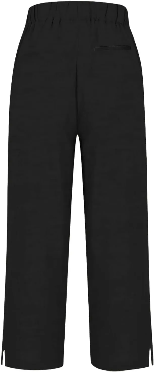 Cropped Linen Pants for Women Summer Elastic Waist Straight Leg Split Bottom Trousers Casual Beach Pants with Pockets